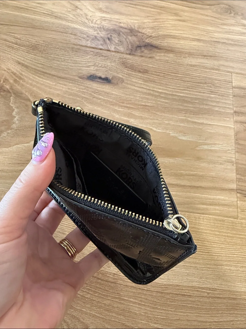 Michael Kors Black Patent MK Logo Wristlet with Gold Hardware